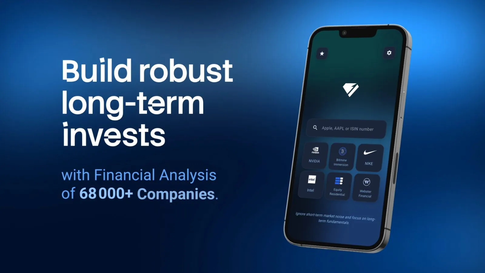 The Robust Invest app on a phone, next to the line "Build robust long-term invests, with financial analysis of 68,000+ companies"